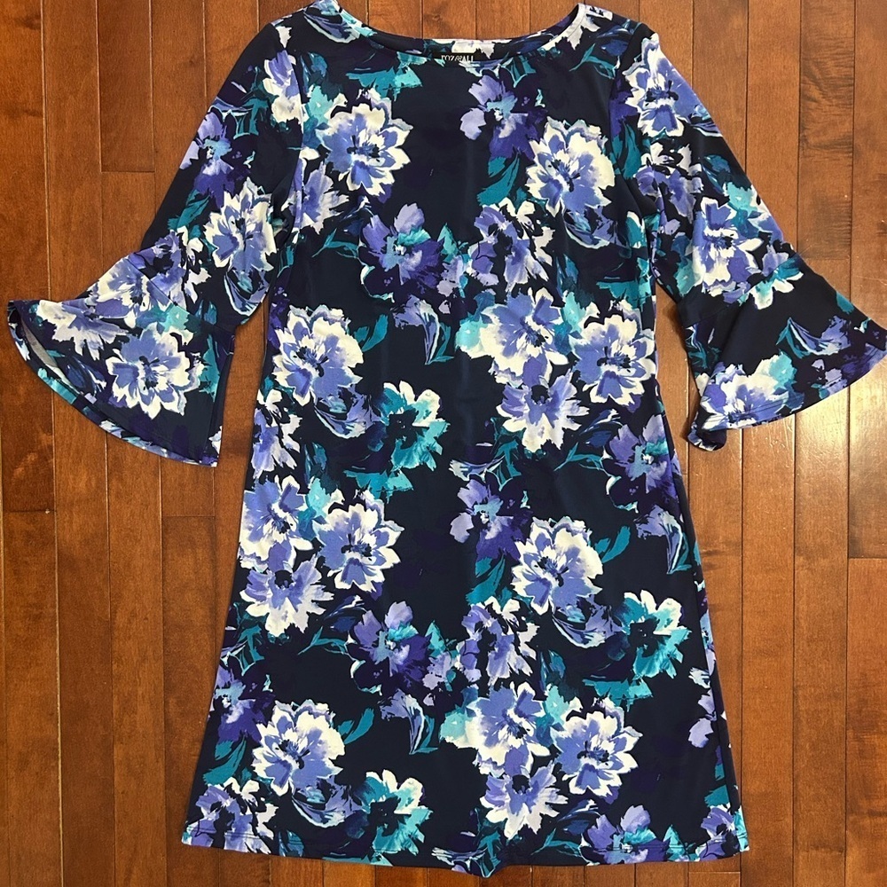 Roz & Ali Blue Floral Print Dress with Bell Sleeves Size Medium
